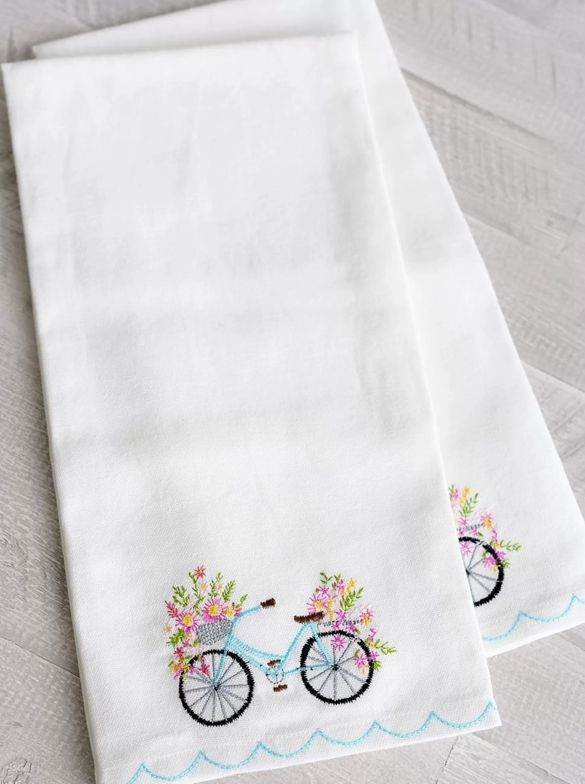 Pomegranate Inc. Embroidered Hand Towels*Blossom Bike Tea Towel (Set Of 2)