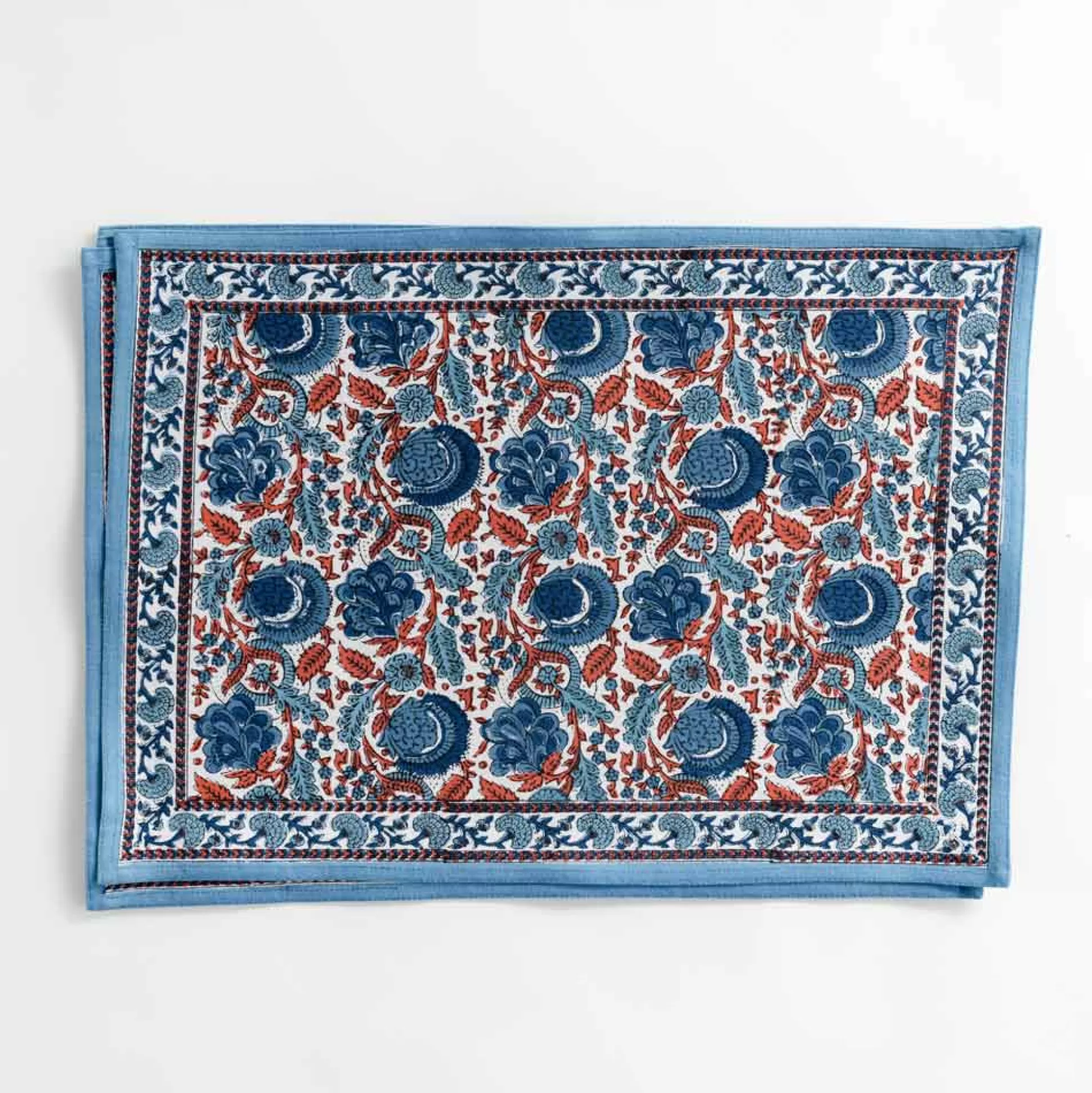 Pomegranate Inc. Hand Block Printed*Bohemian Floral Blues & Paprika Placemat | Set Of 4