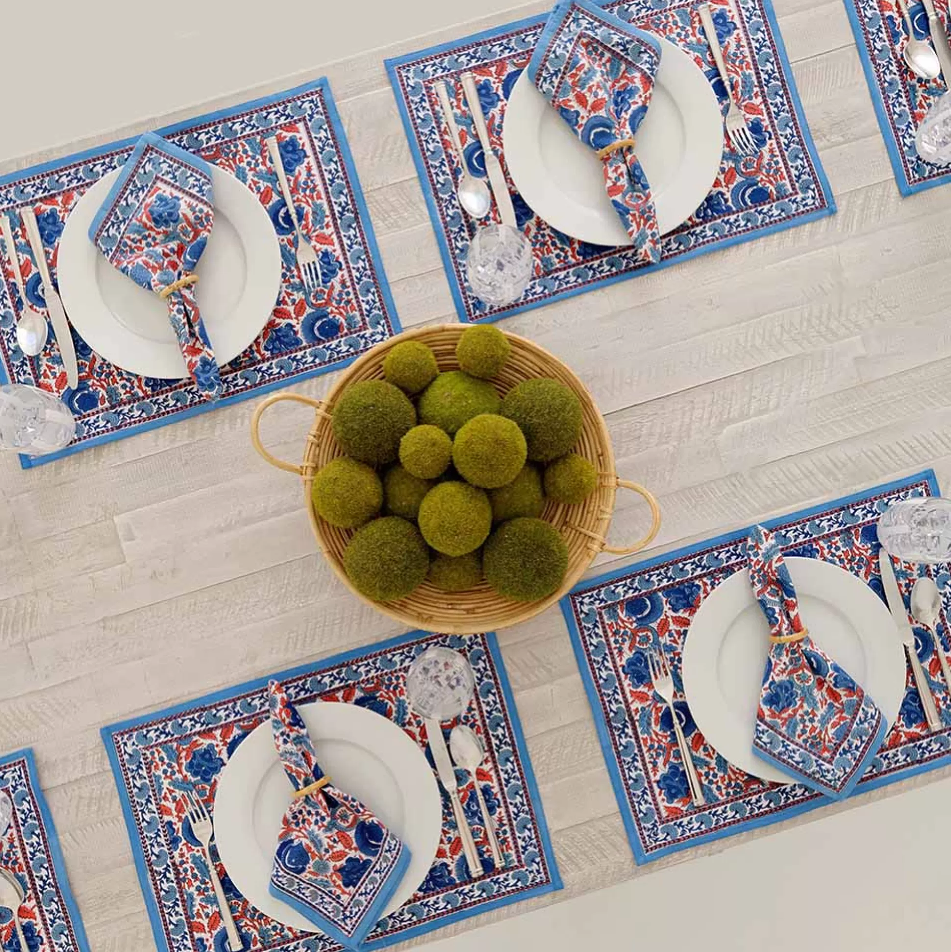 Pomegranate Inc. Hand Block Printed*Bohemian Floral Blues & Paprika Placemat | Set Of 4