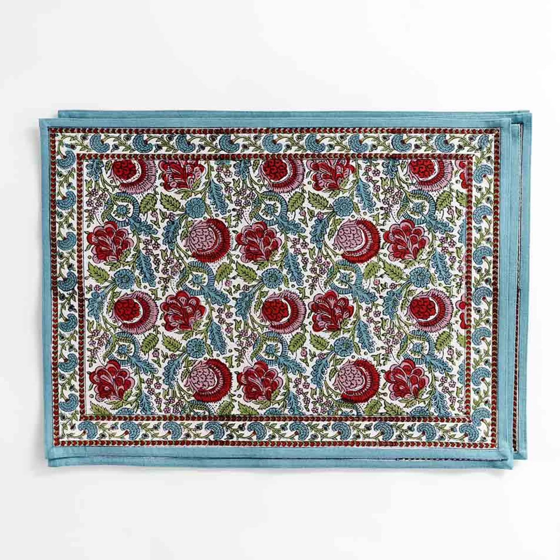 Pomegranate Inc. Hand Block Printed*Bohemian Floral Turquoise Placemat | Set Of 4