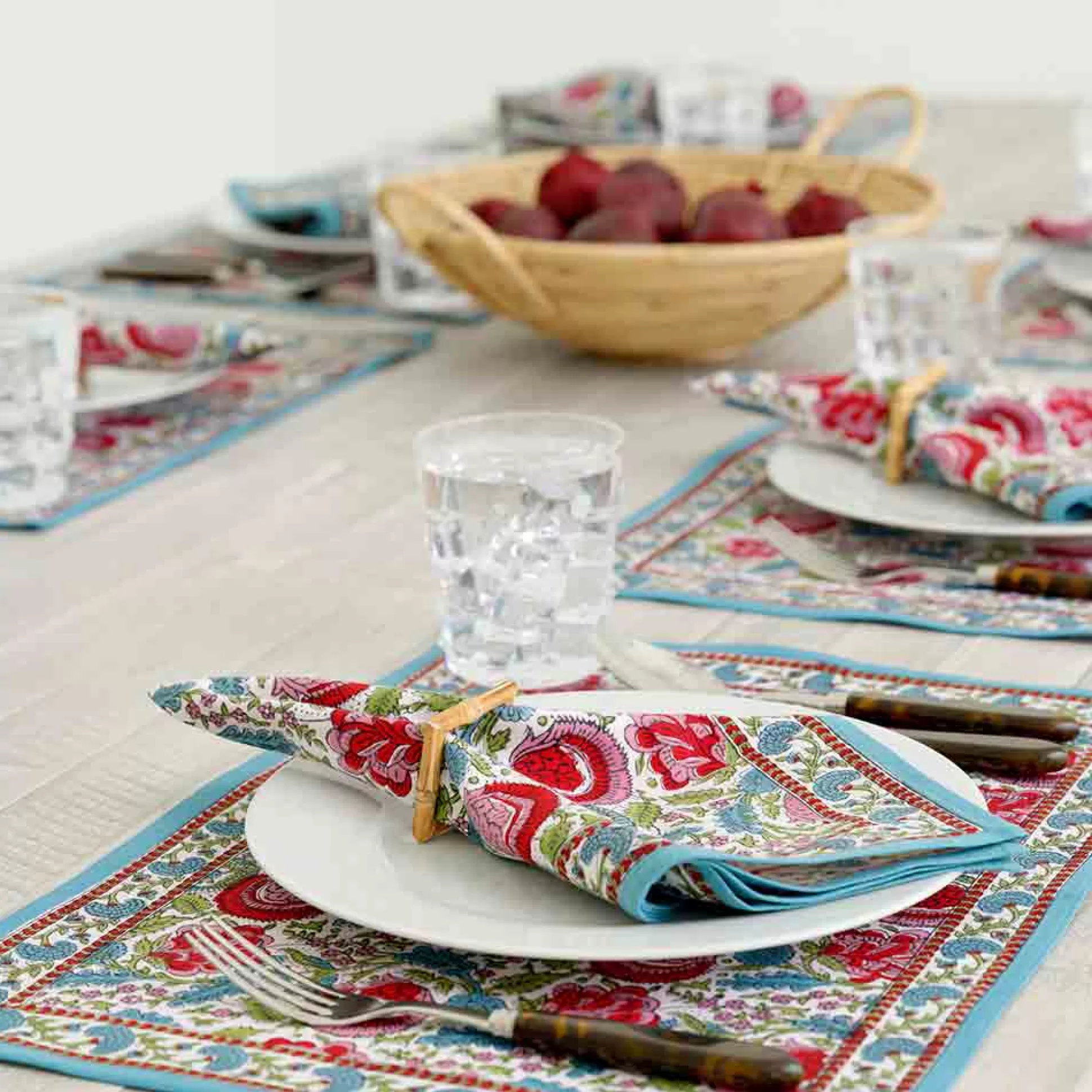 Pomegranate Inc. Hand Block Printed*Bohemian Floral Turquoise Placemat | Set Of 4