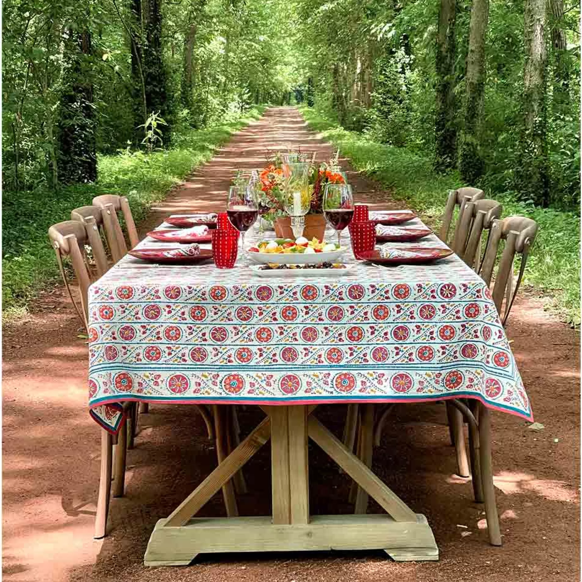 Pomegranate Inc. Tablecloths*Bukhara Stripe Brick & Teal Tablecloth