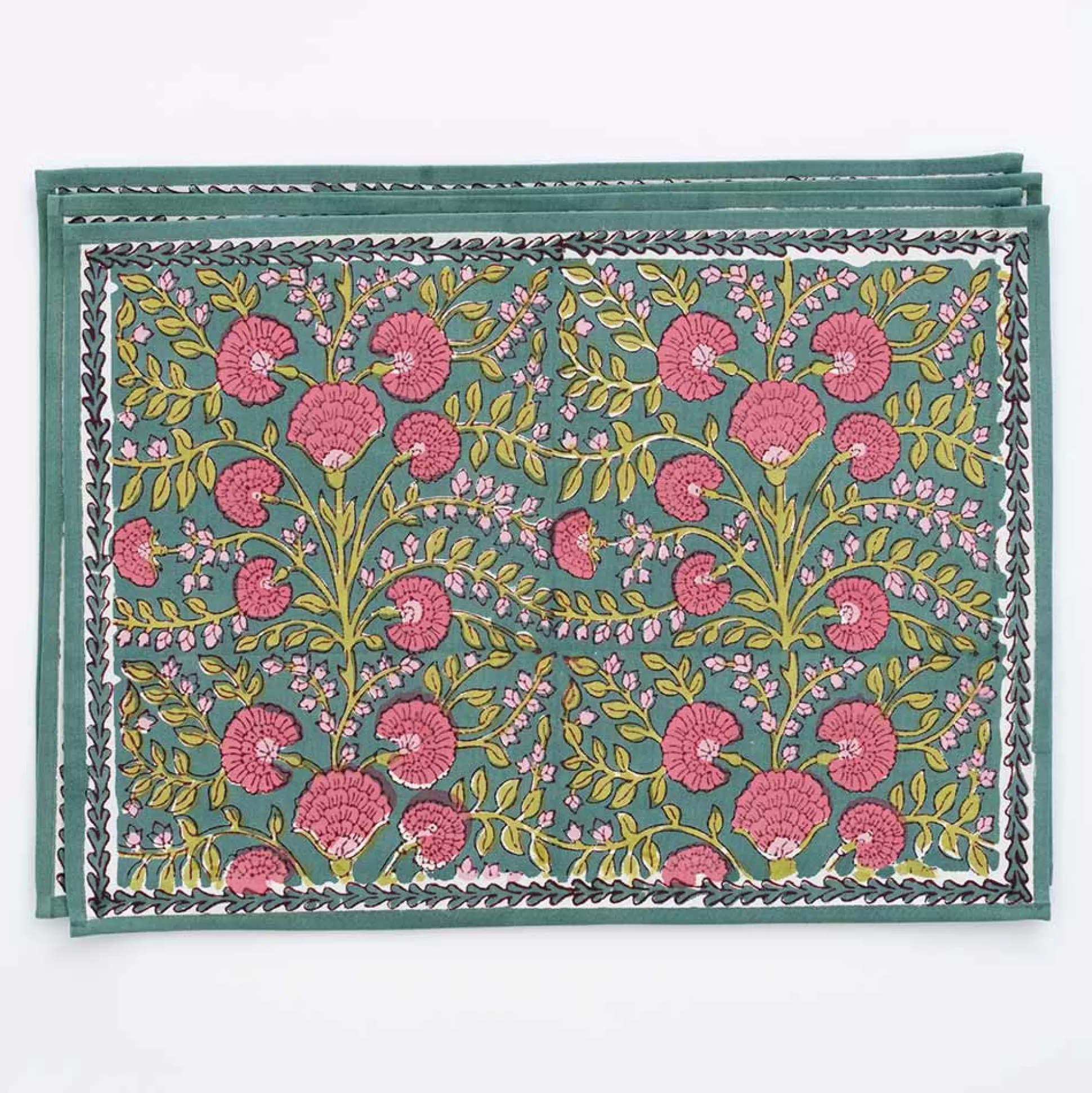 Pomegranate Inc. Hand Block Printed*Cactus Flower Jade Placemat | Set Of 4