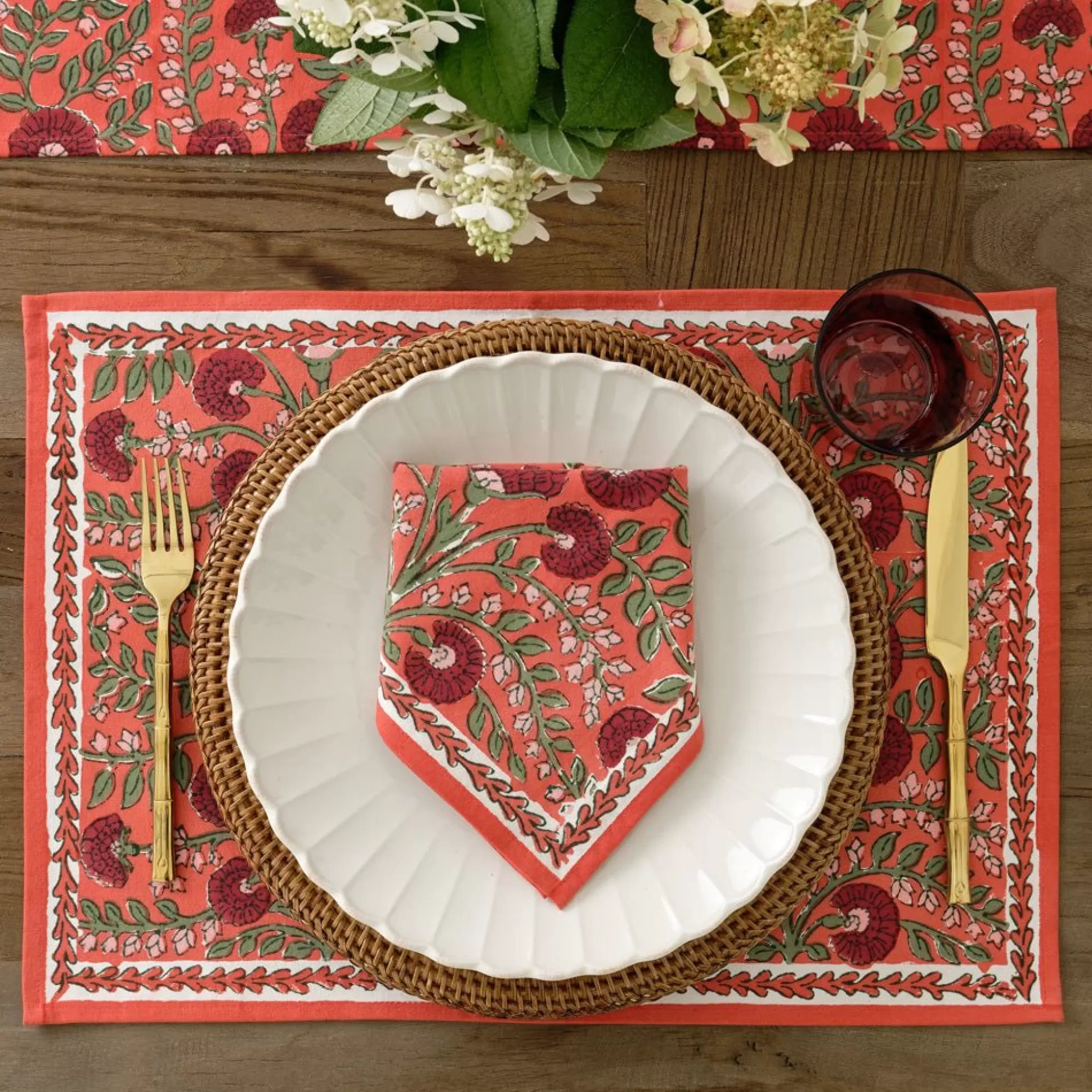 Pomegranate Inc. Hand Block Printed*Cactus Flower Red Placemat