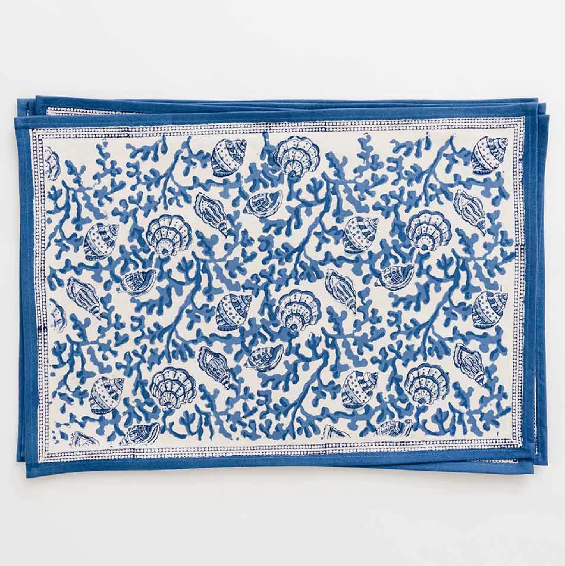Pomegranate Inc. Hand Block Printed*Coral & Shell Blue Placemat | Set Of 4