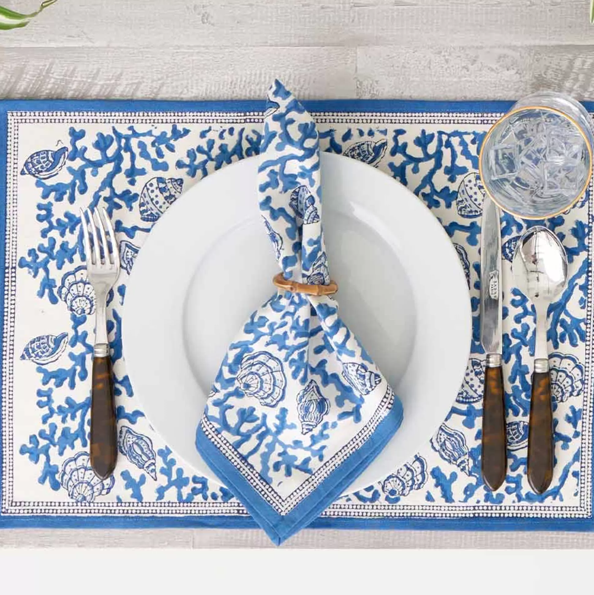 Pomegranate Inc. Hand Block Printed*Coral & Shell Blue Placemat | Set Of 4