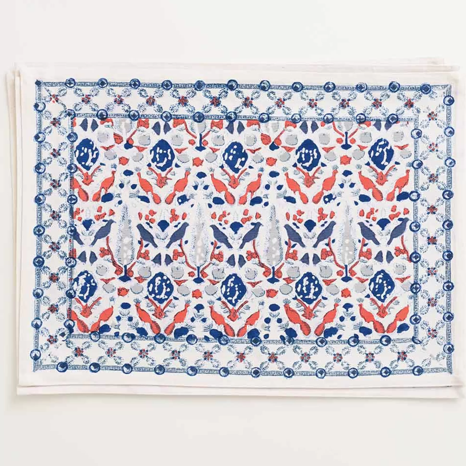 Pomegranate Inc. Hand Block Printed*Dove & Cypress Blue & Persimmon Placemat | Set Of 4