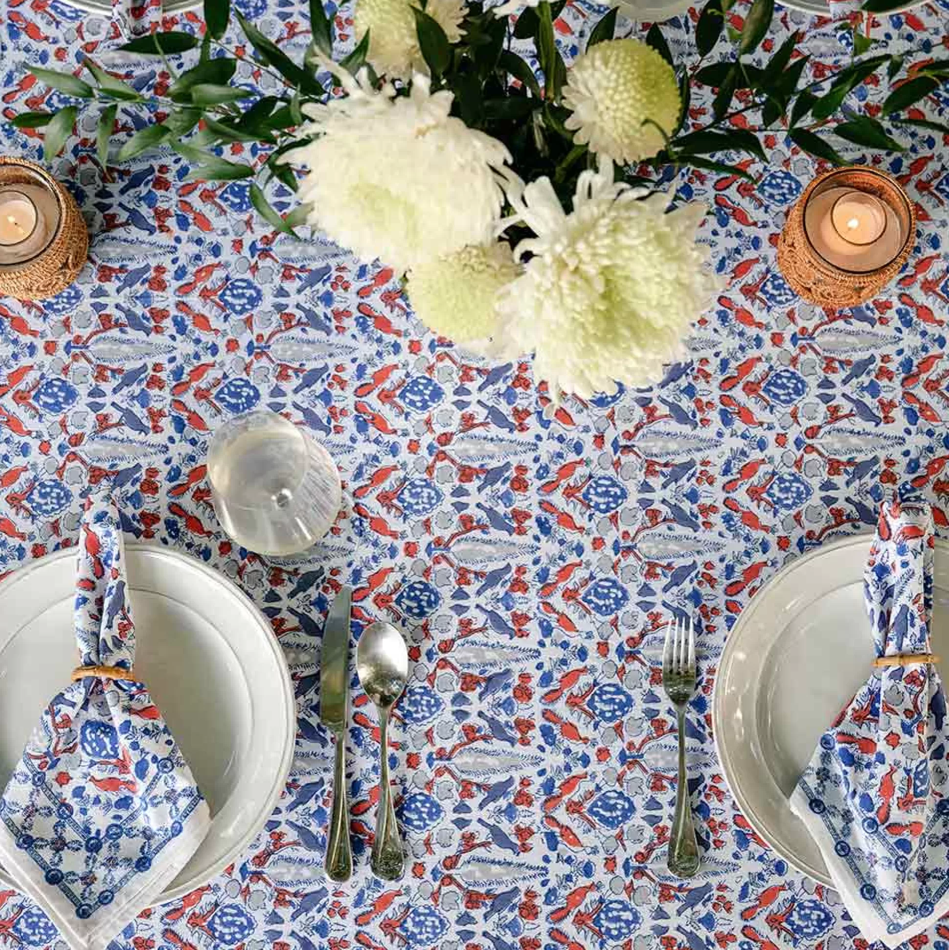 Pomegranate Inc. Tablecloths*Dove & Cypress Blue & Persimmon Tablecloth