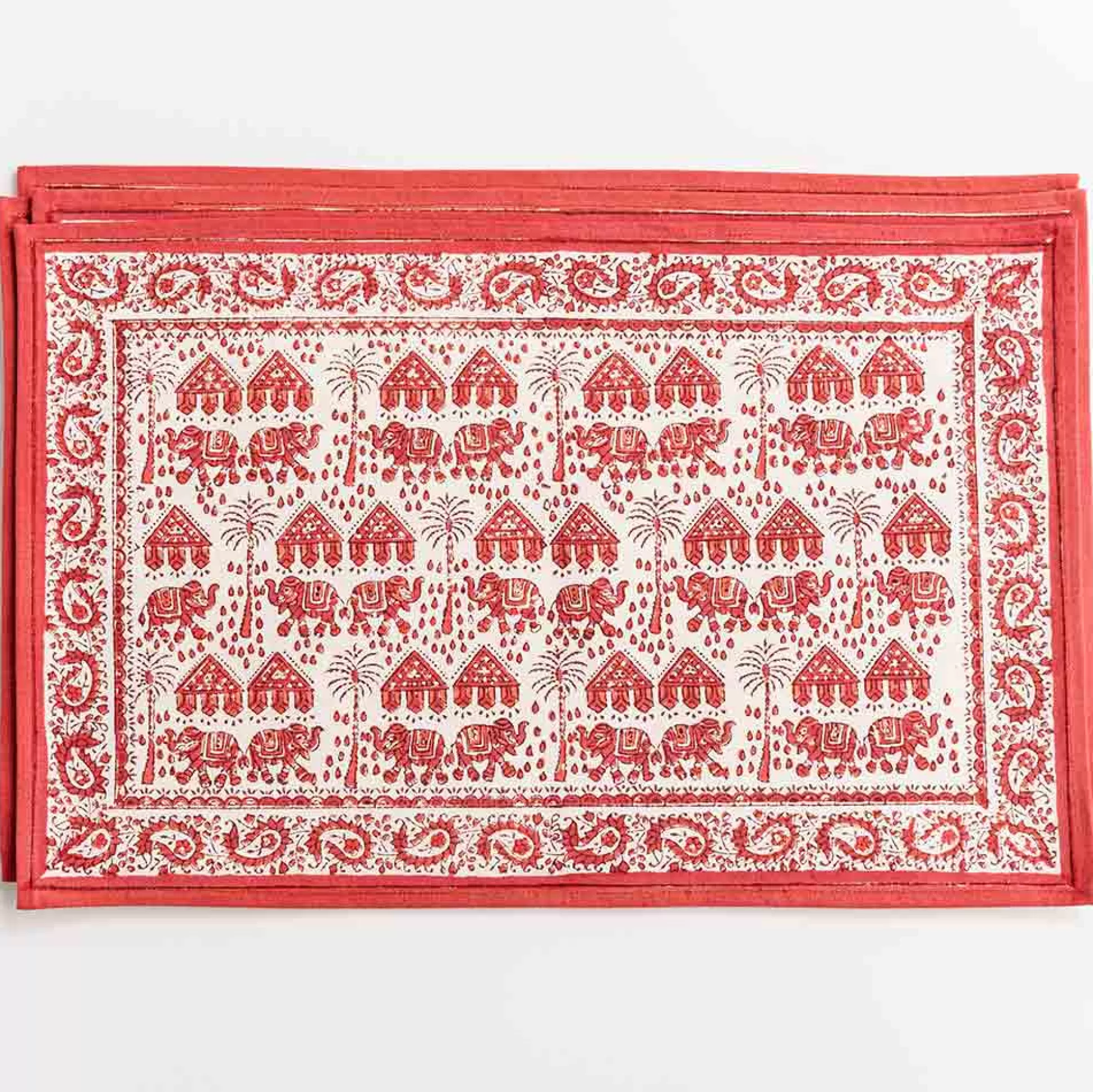 Pomegranate Inc. Hand Block Printed*Elephant Parade Red Placemat | Set Of 4