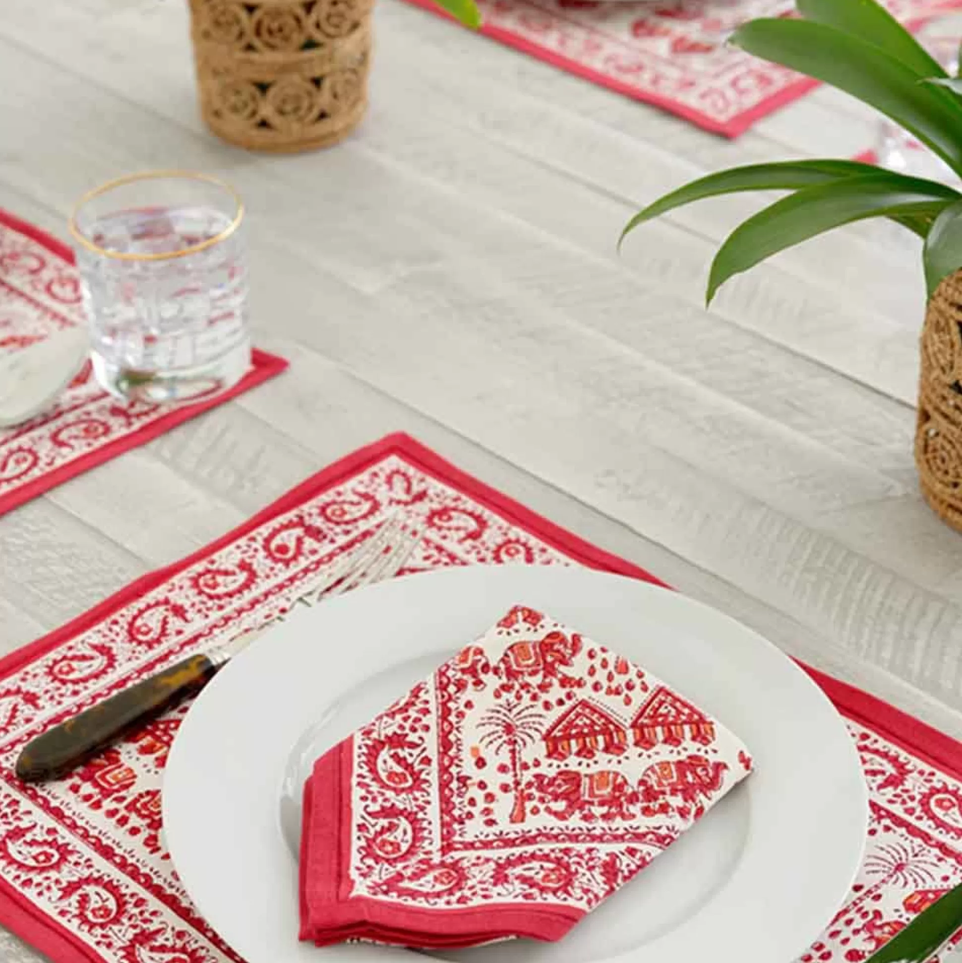 Pomegranate Inc. Hand Block Printed*Elephant Parade Red Placemat | Set Of 4