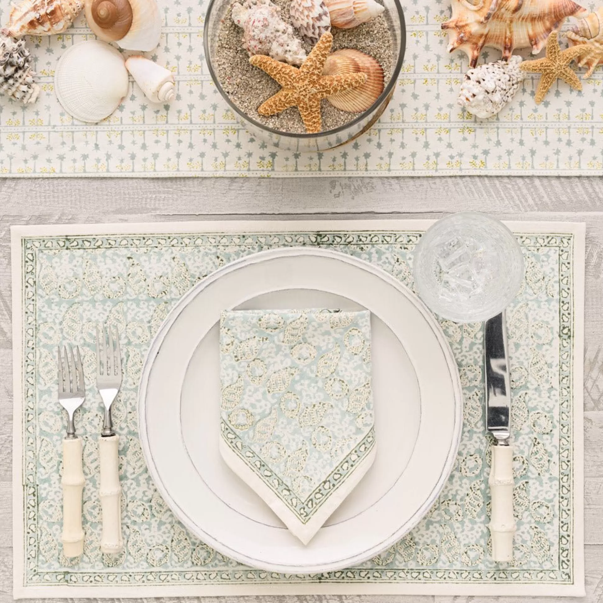 Pomegranate Inc. Hand Block Printed*India Hicks Home Seashell Seafoam Placemat | Set Of 4