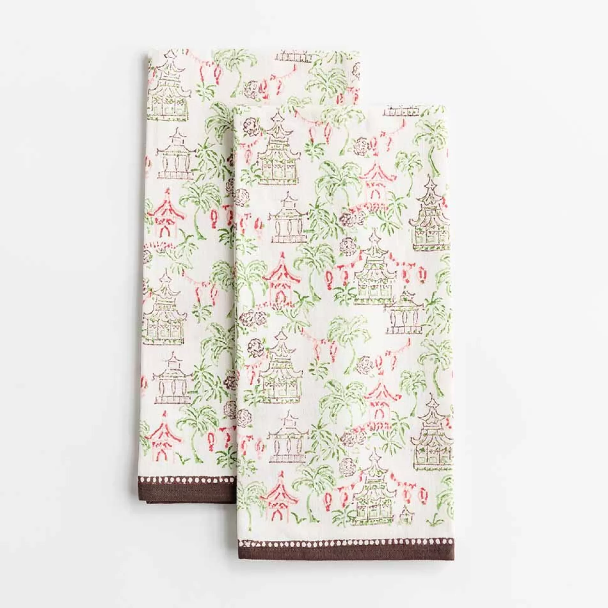 Pomegranate Inc. Tea Towels*Palms & Pagodas Brown Tea Towels