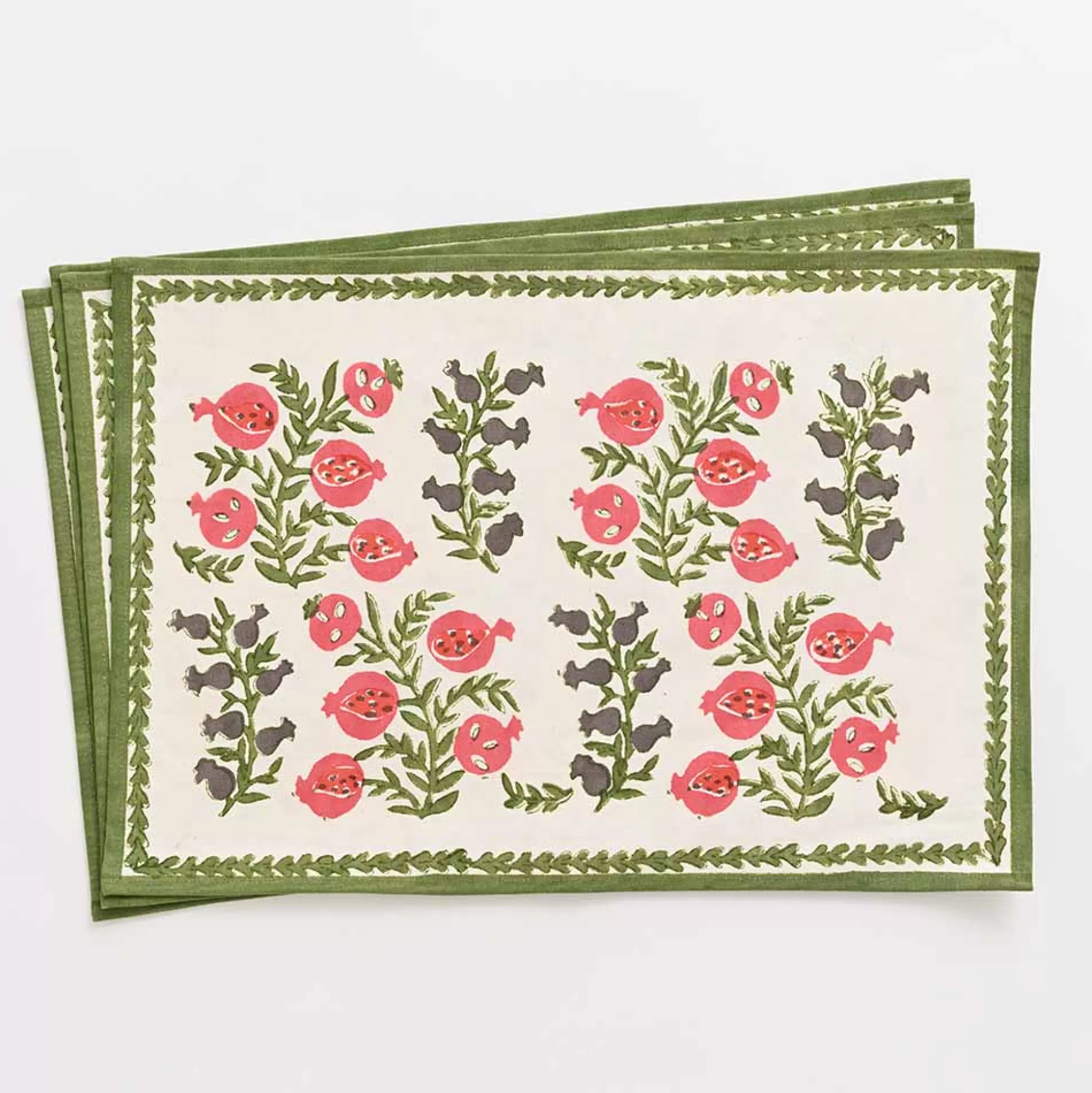 Pomegranate Inc. Hand Block Printed*Pom Bells Fern & Poppy Placemat | Set Of 4