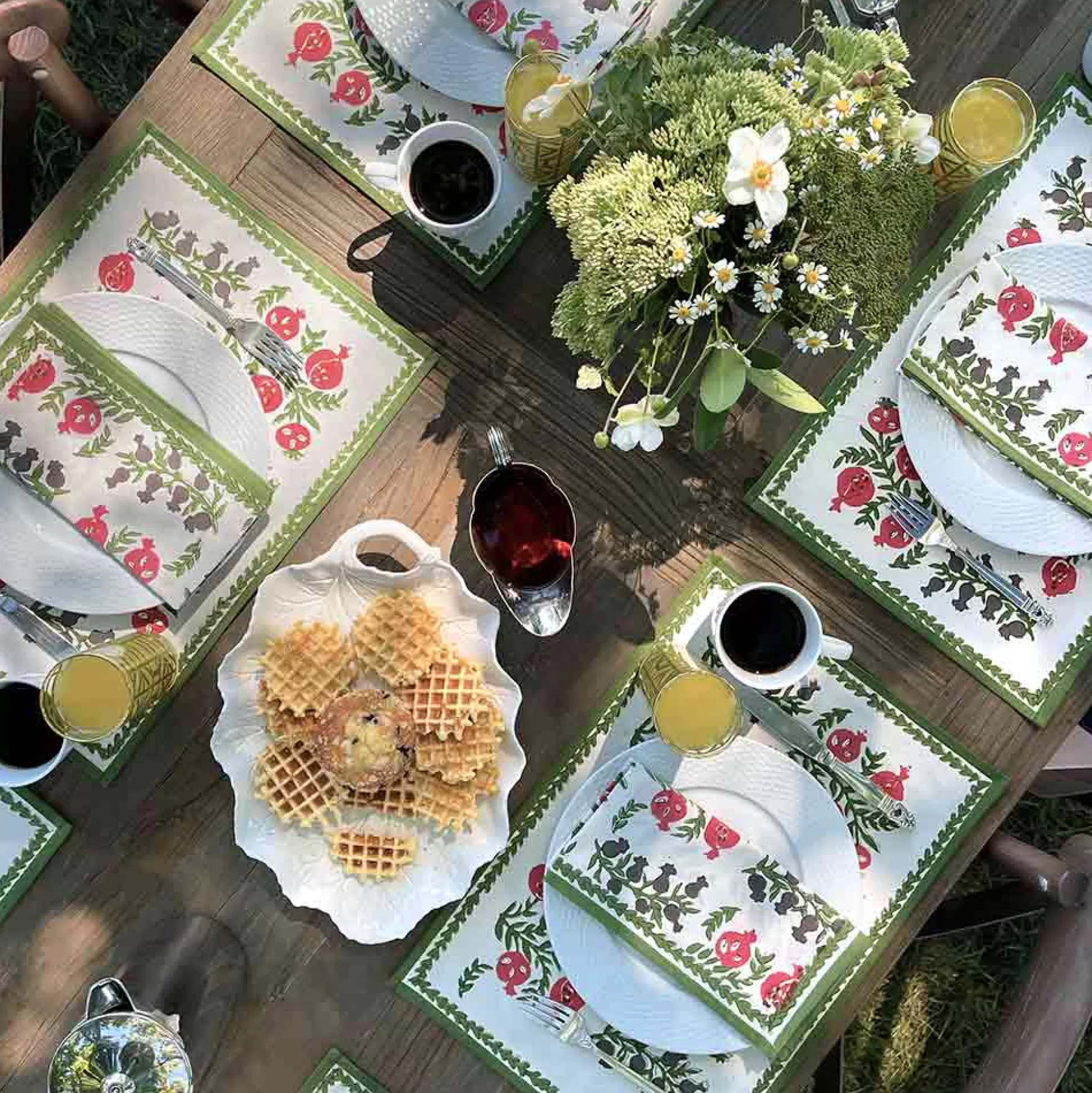 Pomegranate Inc. Hand Block Printed*Pom Bells Fern & Poppy Placemat | Set Of 4