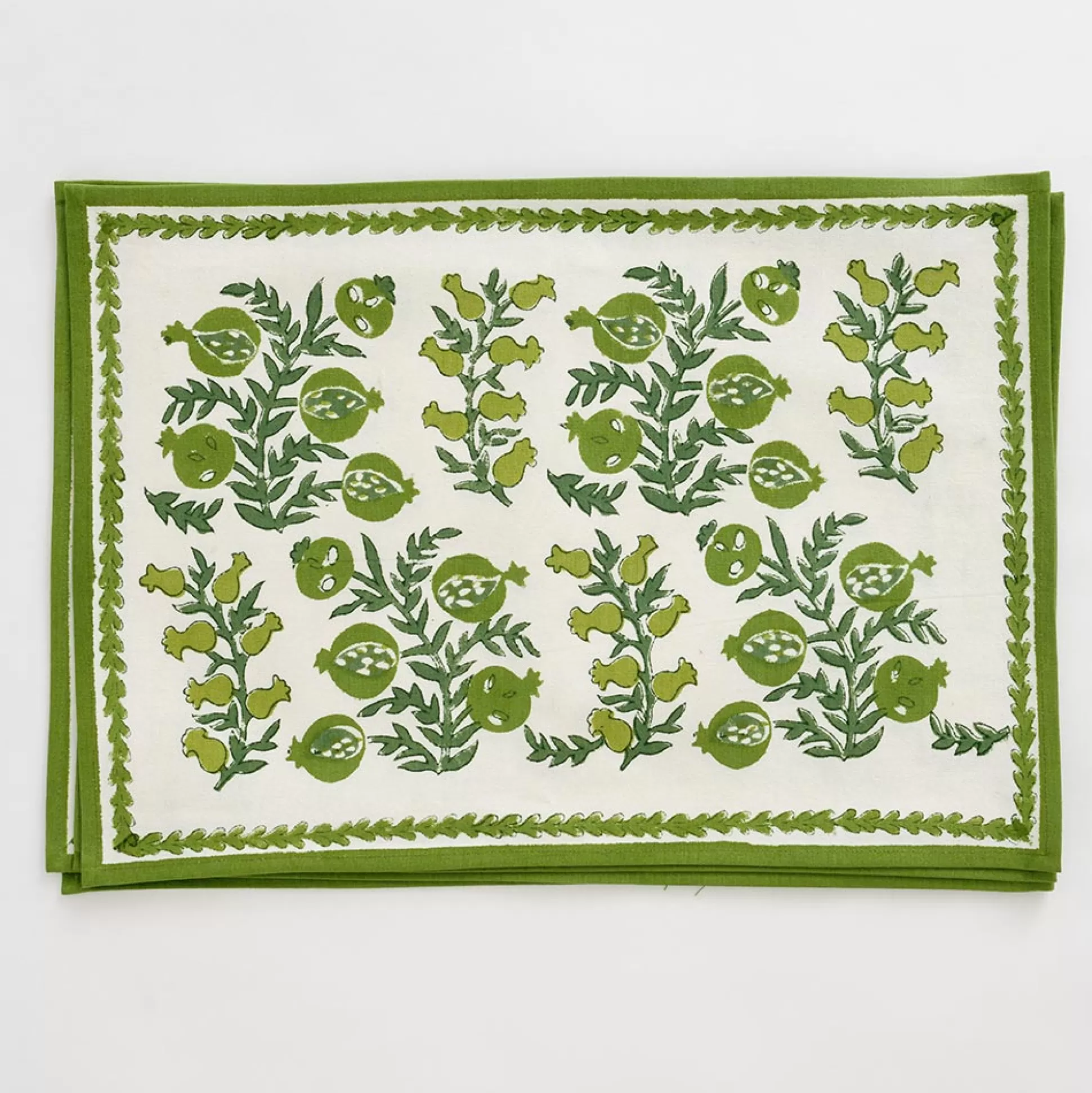 Pomegranate Inc. Hand Block Printed*Pom Bells Green Placemat | Set Of 4