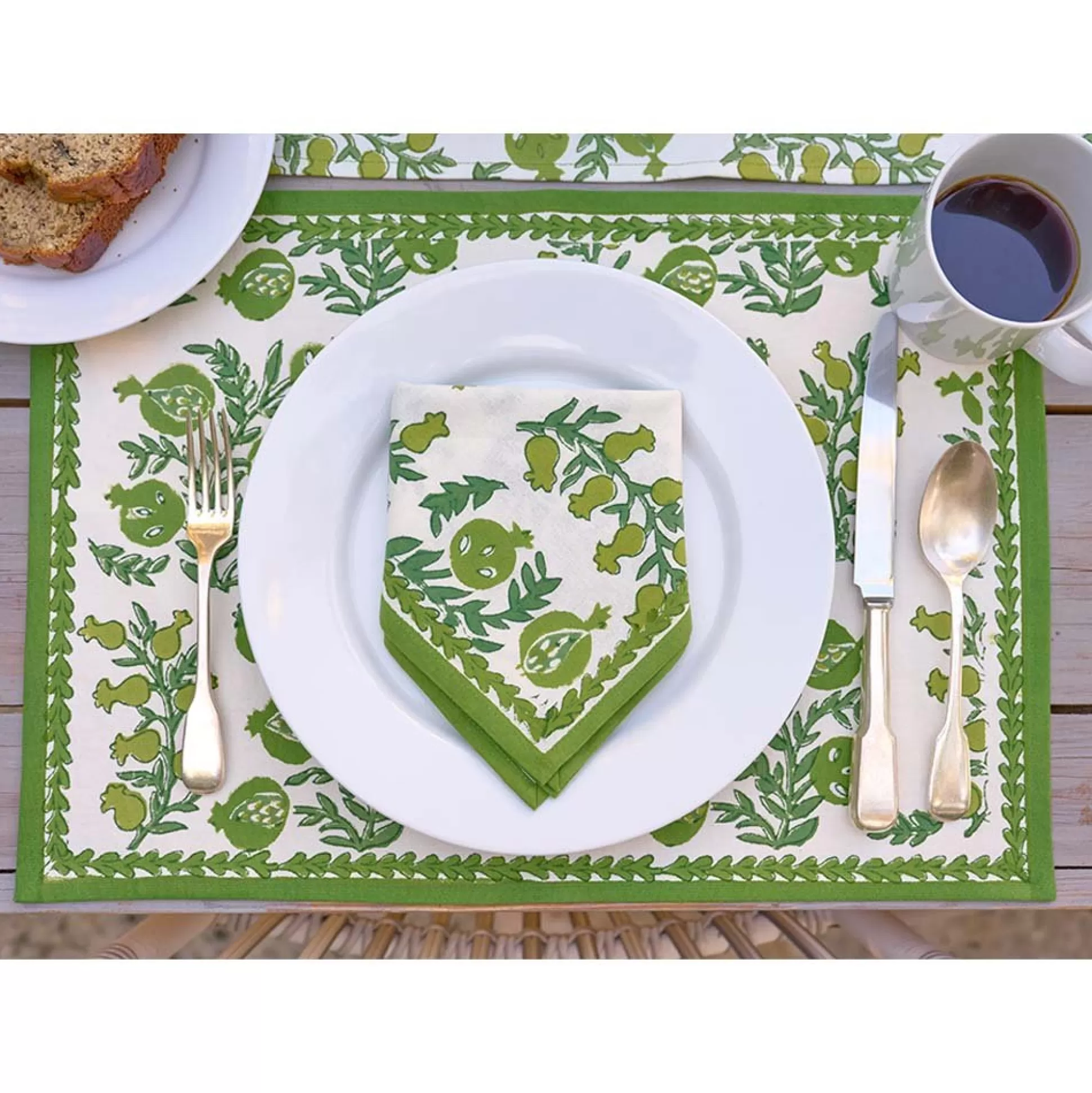 Pomegranate Inc. Hand Block Printed*Pom Bells Green Placemat | Set Of 4